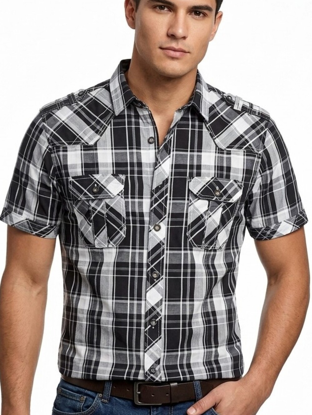 Helix Plaid Short Sleeve Button Up Shirt Athletic Fit Black White Y2k Western L